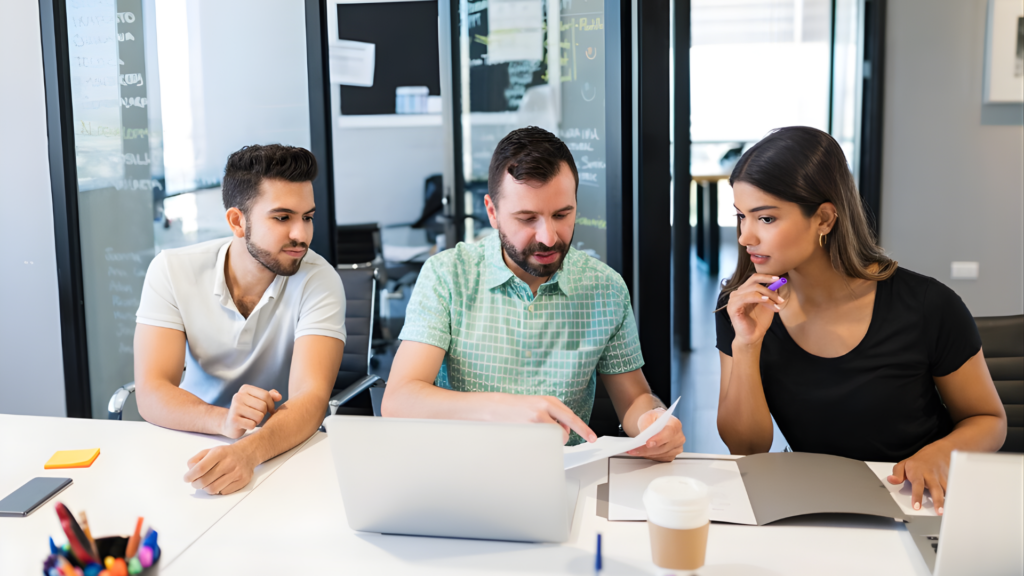 office employees having a discussing with a laptop in an office