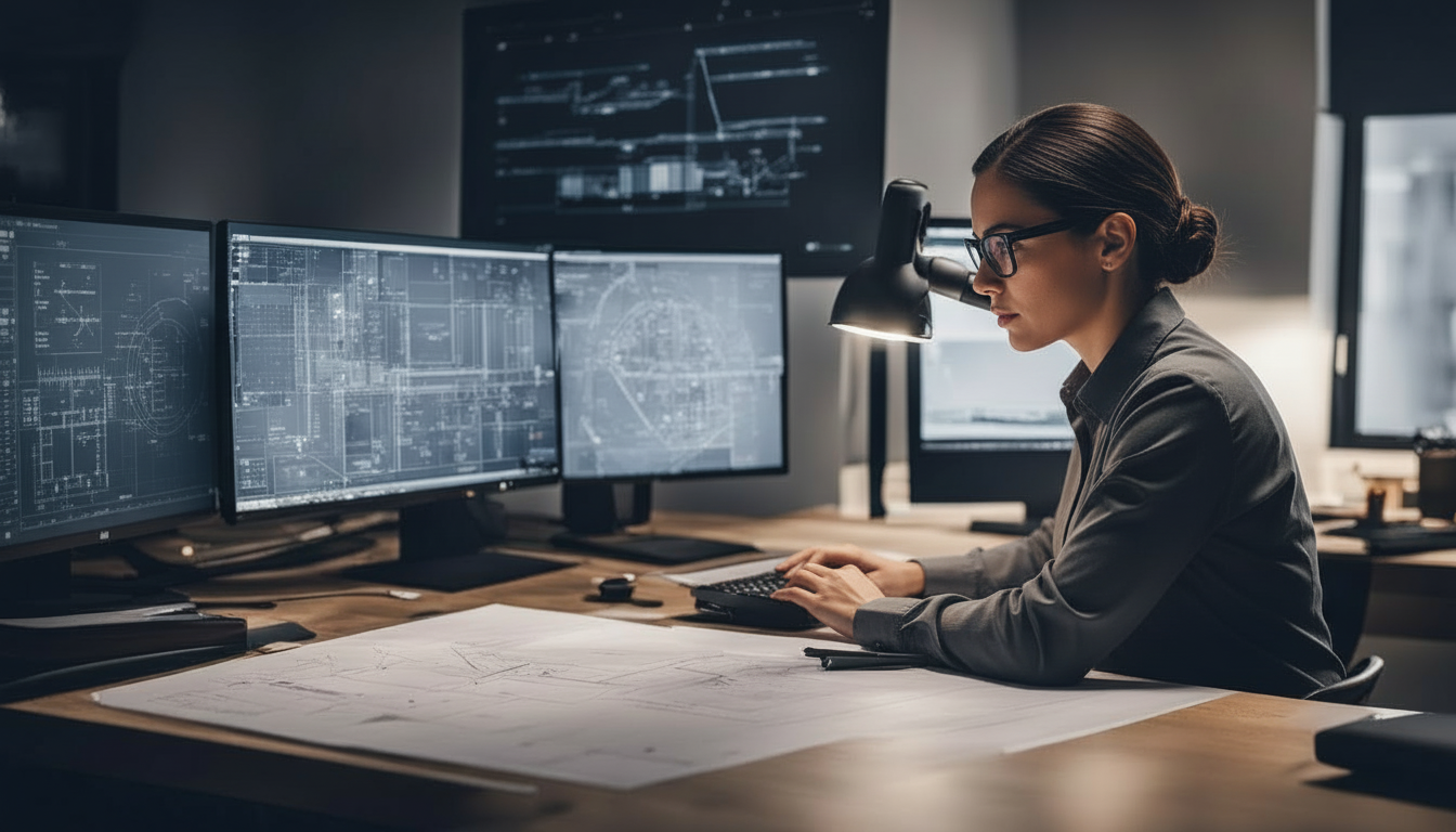 Argentinian AutoCAD Designer Employee working in the office.