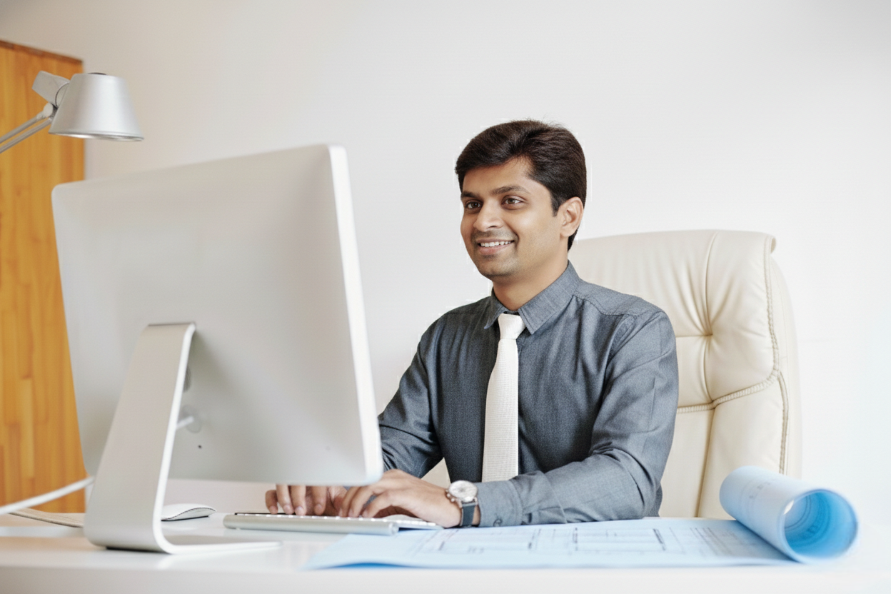 indian offshore renewable energy engineer working in an office desktop with a blueprint on desk