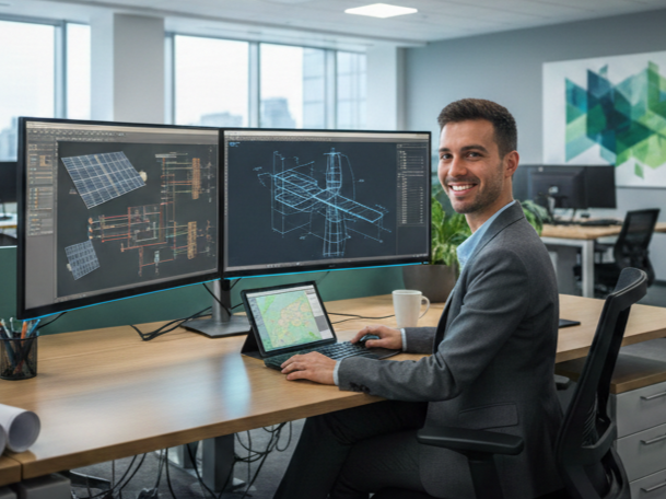 outsourced offshore renewable energy engineer working with a dual monitor in a office