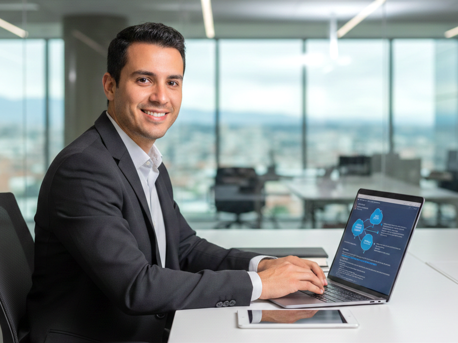 outsourced cloud architect male working in a corporate office with laptop