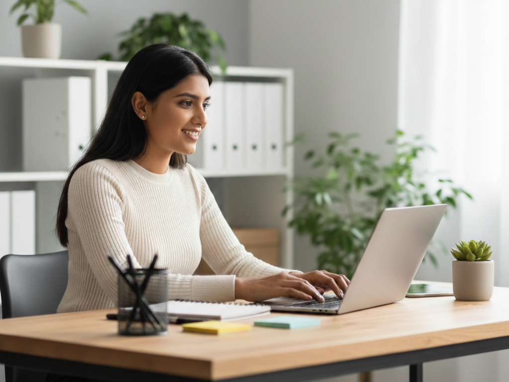 Indian woman remote instructional designer working at a modern office desk with laptop