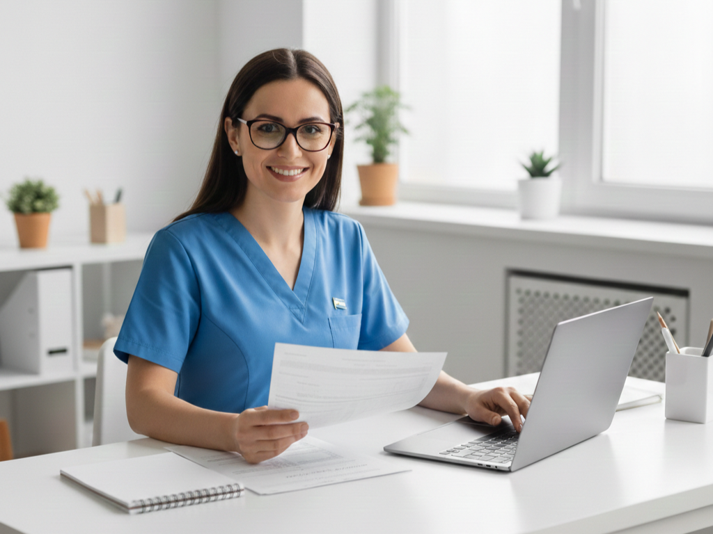 medical billing officer holding a paper and actively working on a laptop