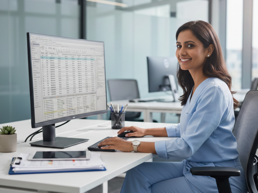 remote medical billing specialist working with a desktop