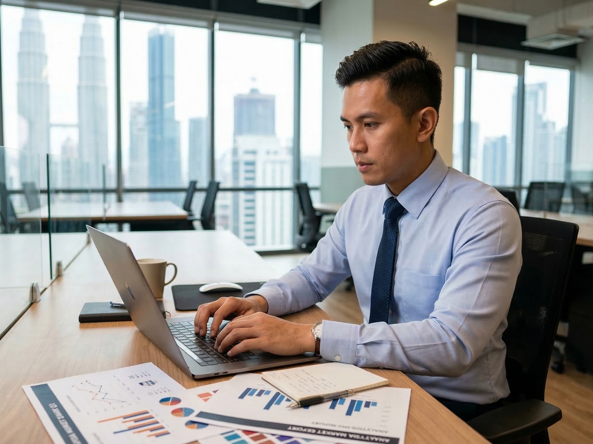 outsourced business analyst analyzing company data in a office desk with laptop and charts.