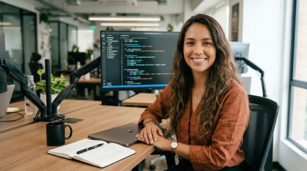outsourced colombian remote python developer smiling in an office with a background showing a screen with a python code