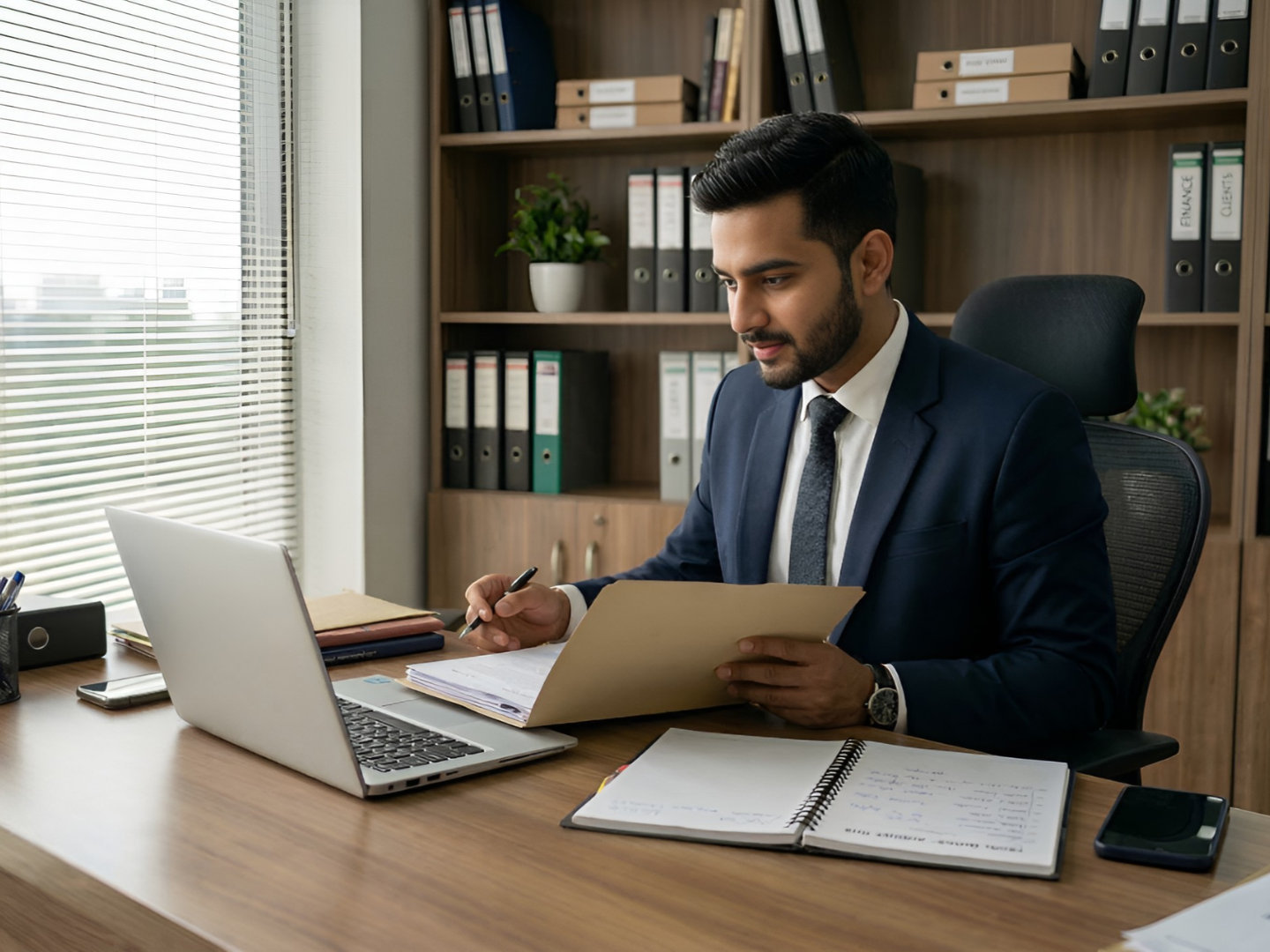 outsourced virtual paralegal working in an office with laptop and holding a folder