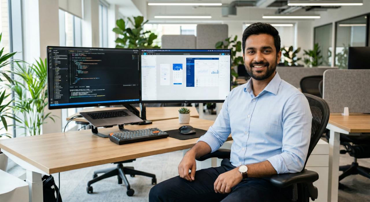 indian web developer in a office showing the web development on the background