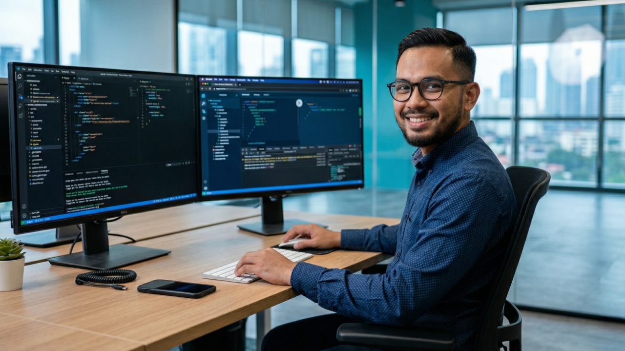 malaysian web developer coding in a open space office
