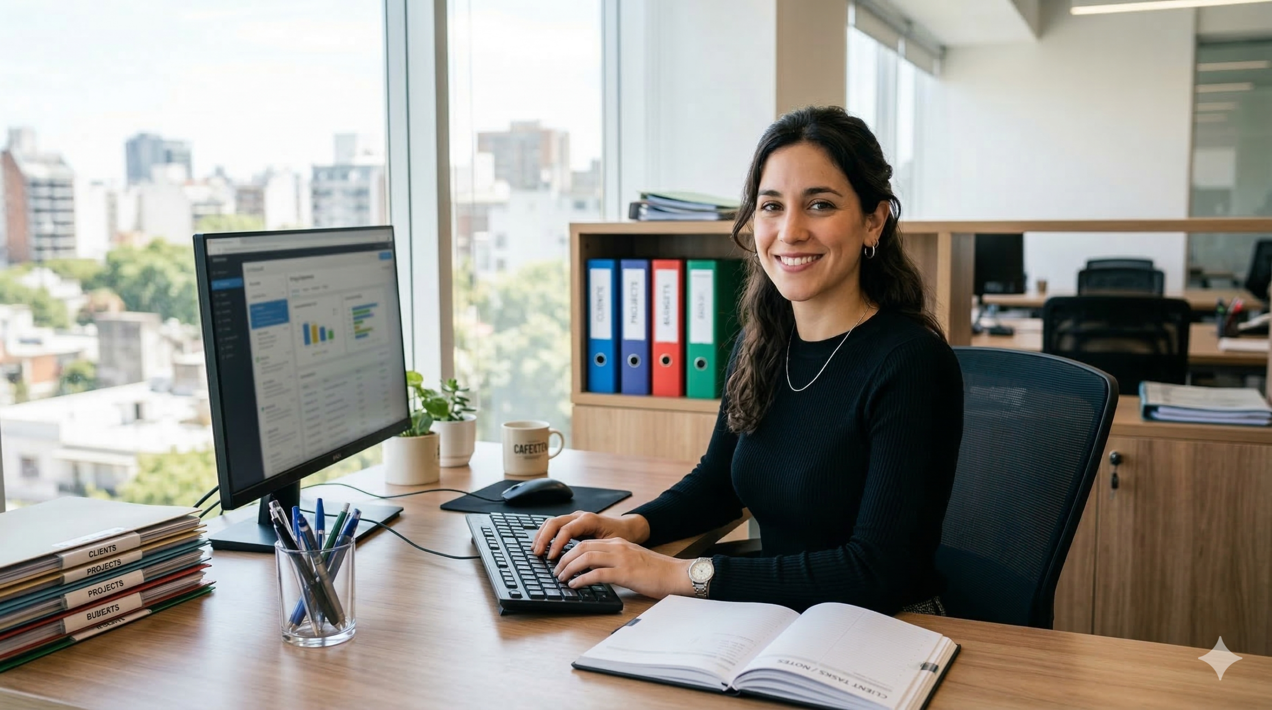 outsourced remote account manager in argentina typing on a computer and having a notebook on a desk