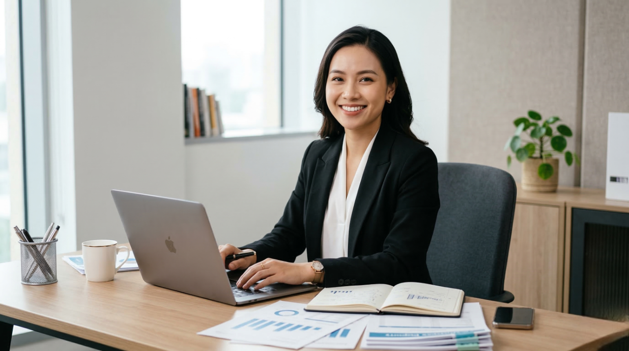 offshore account manager woman working in an office with a laptop and notebook on the desk