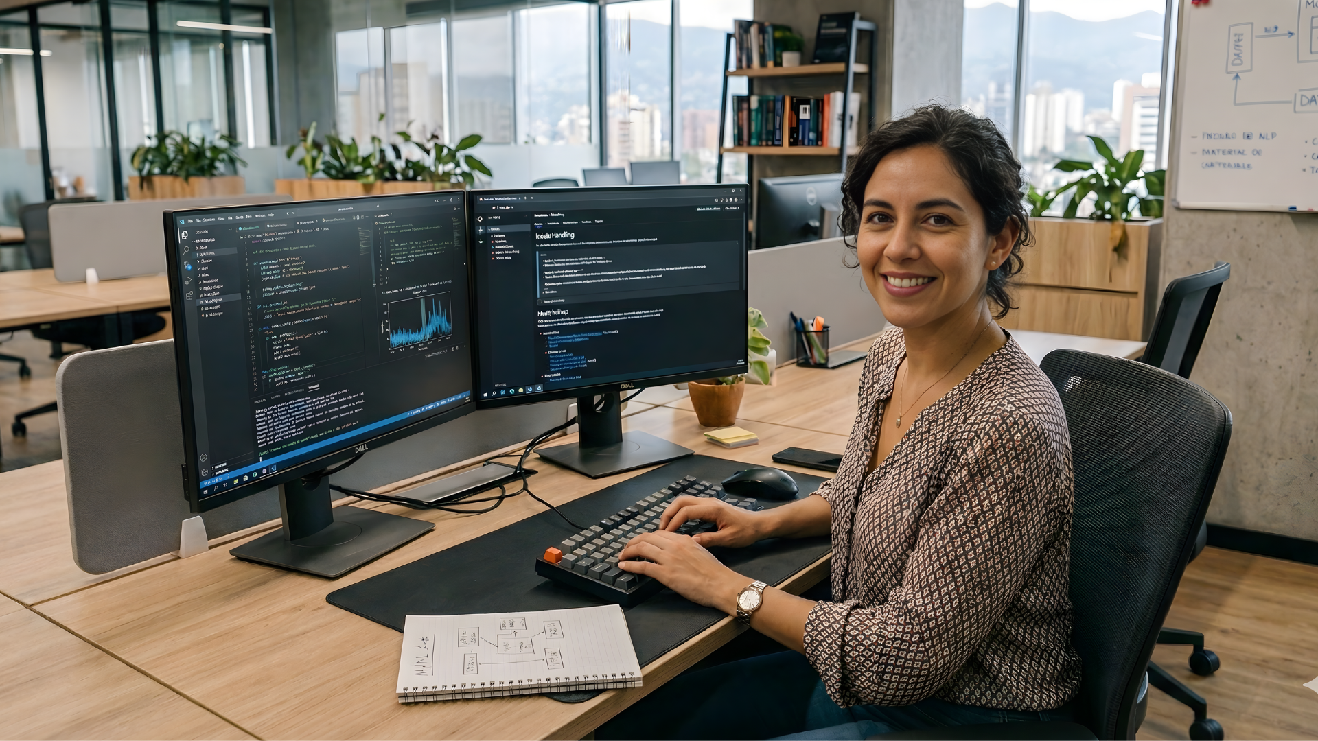 colombian remote ai specialist working in a dual monitor setup