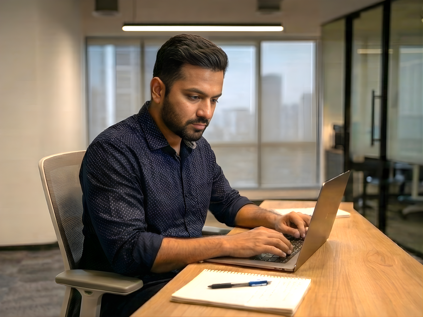 Indian offshore analyst working on a laptop in a professional office setting