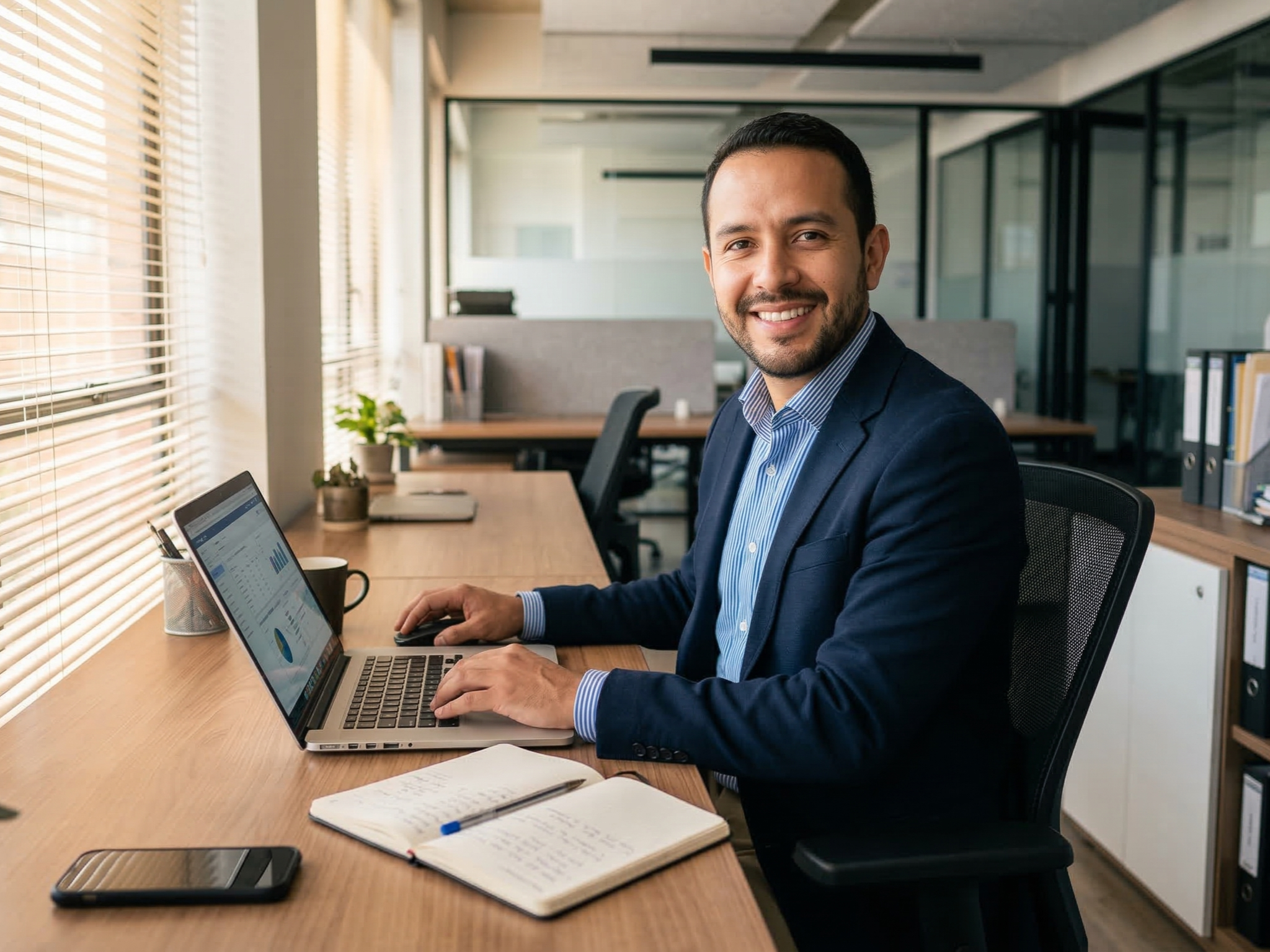 colombian offshore business analyst working in a open office with a laptop and notebook on desk