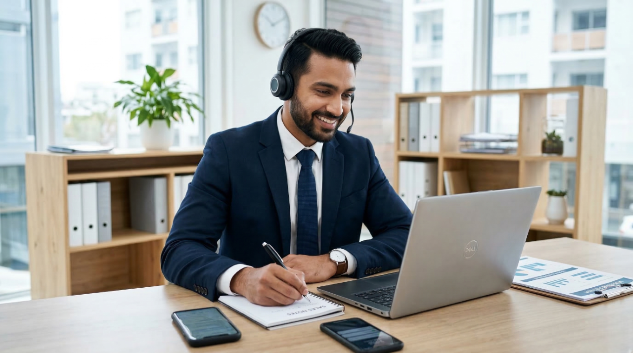 male offshore sales manager actively working with a laptop in a desk