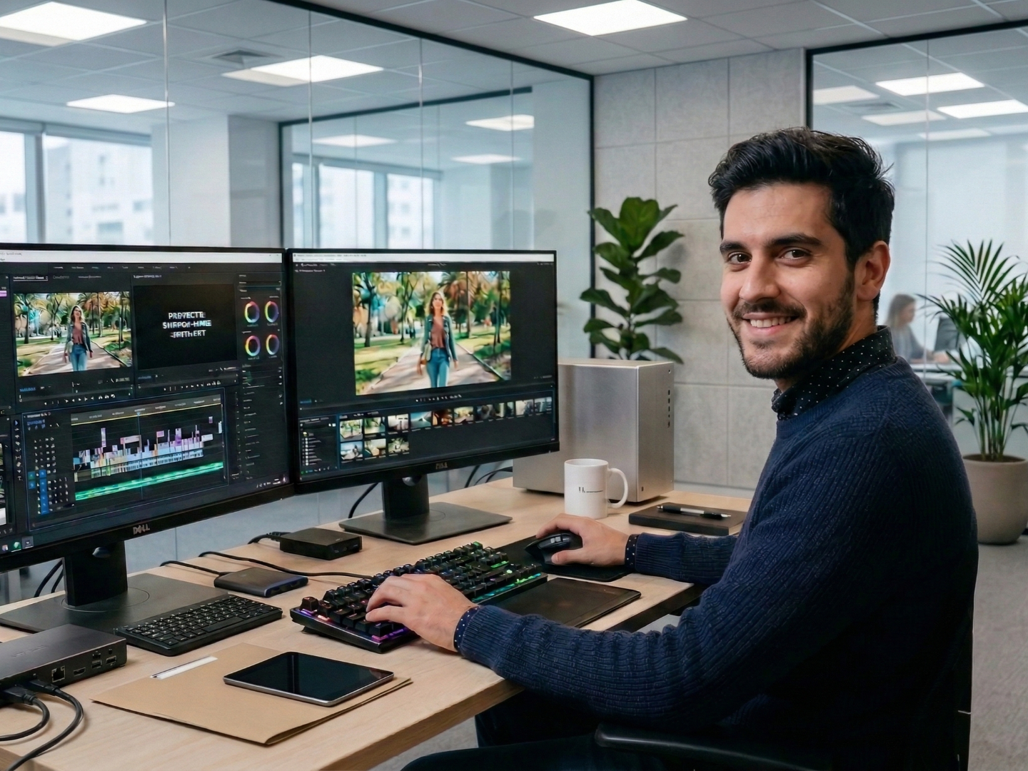 offshore video editor editing in a dual monitors