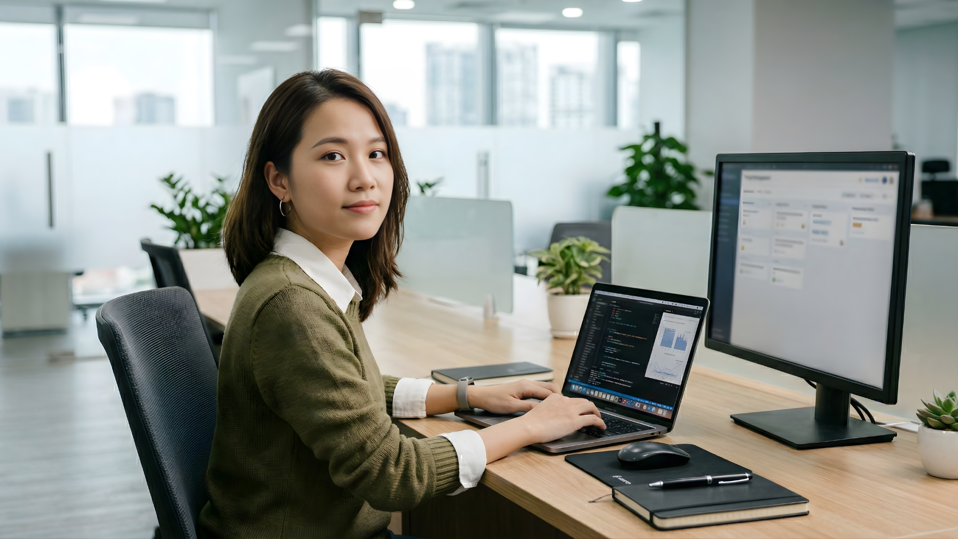 remote ai specialist working with a laptop in a open office