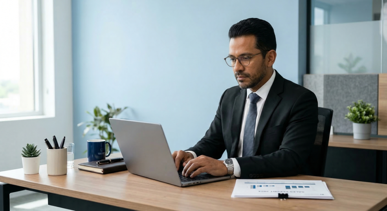 colombian outsourced offshore sales manager working actively working with laptop on desk