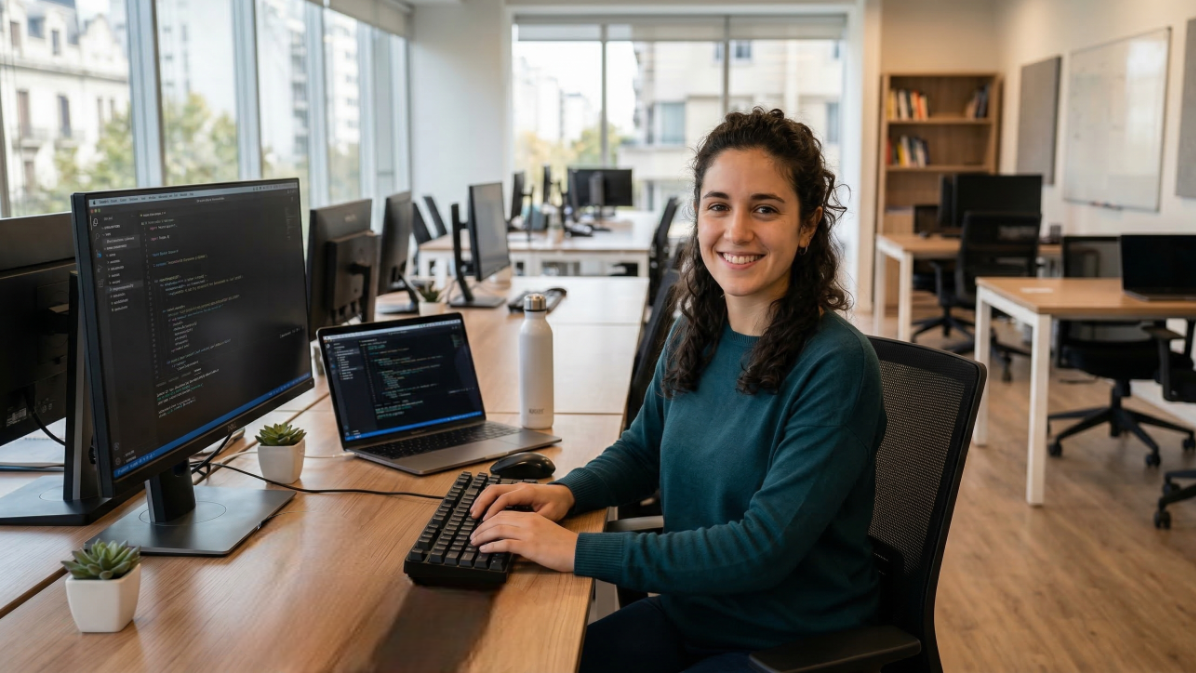 female python developer actively working in a modern office with dual monitor setup