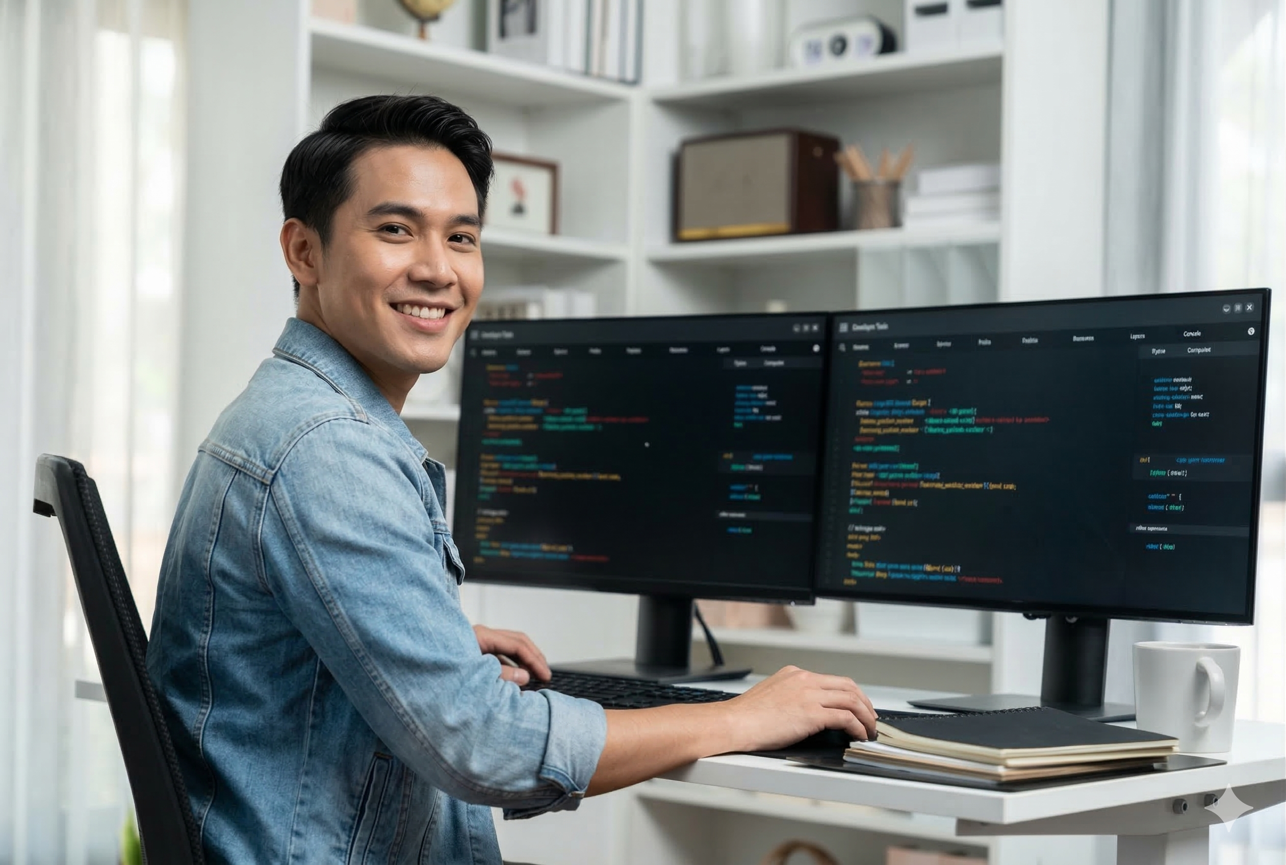 outsourced malaysian python developer working in a bright office with dual monitor setup showing the programming language