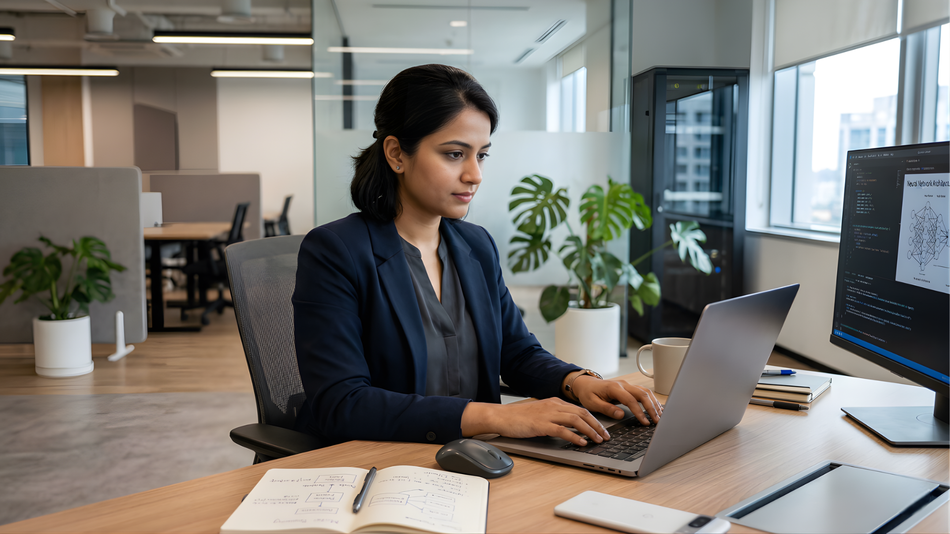 female remote ai specialist in indian working with a laptop and having a notebook and pen on the desk