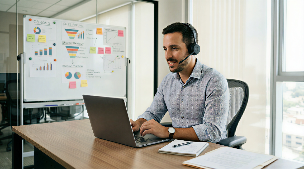 outsourced remote business development representative actively working with a laptop and white board on the side