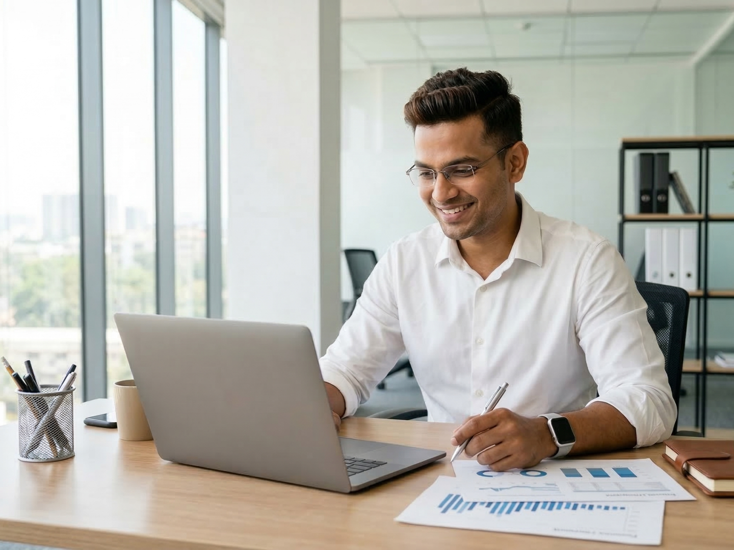 indian outsourced virtual account manager happy working with a laptop and papers with graphs on the desk