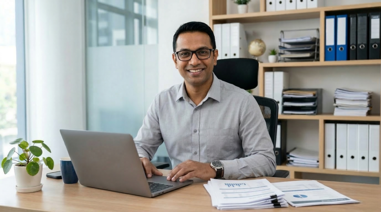 remote account manager​ in malaysia working in a office with laptop and papers on desk