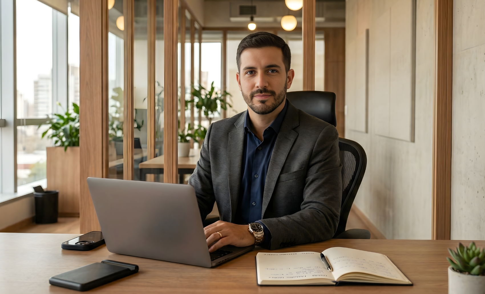 outsourced remote ai specialist actively working with a laptop and notebook on the desk