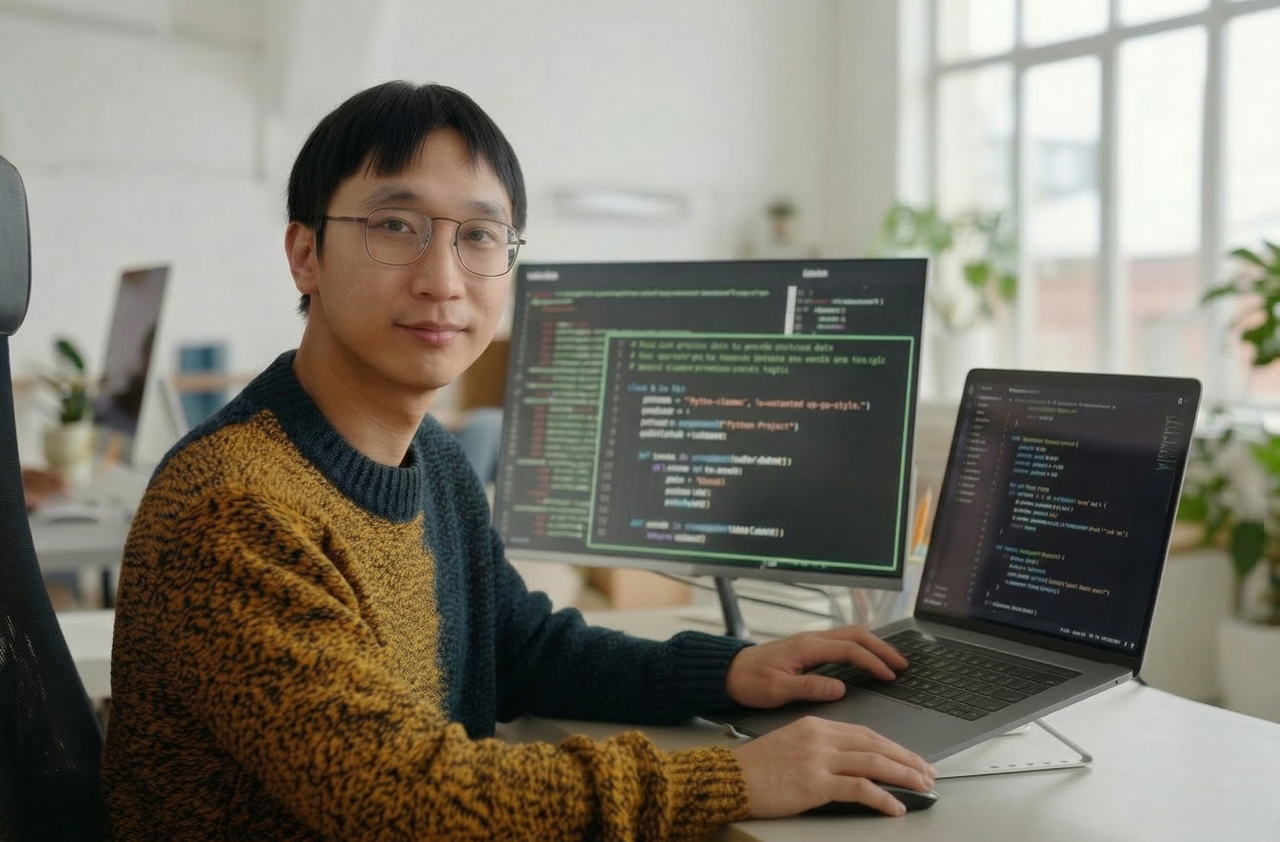vietnamese remote python developer coding in a dual monitor setup in a bright office