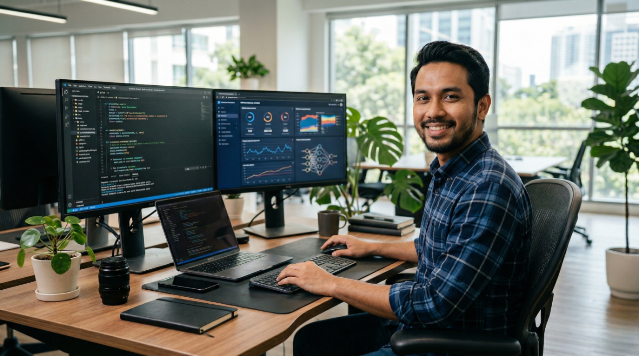 malaysian male an ai engineer working with a dual monitor setup showing the ai program