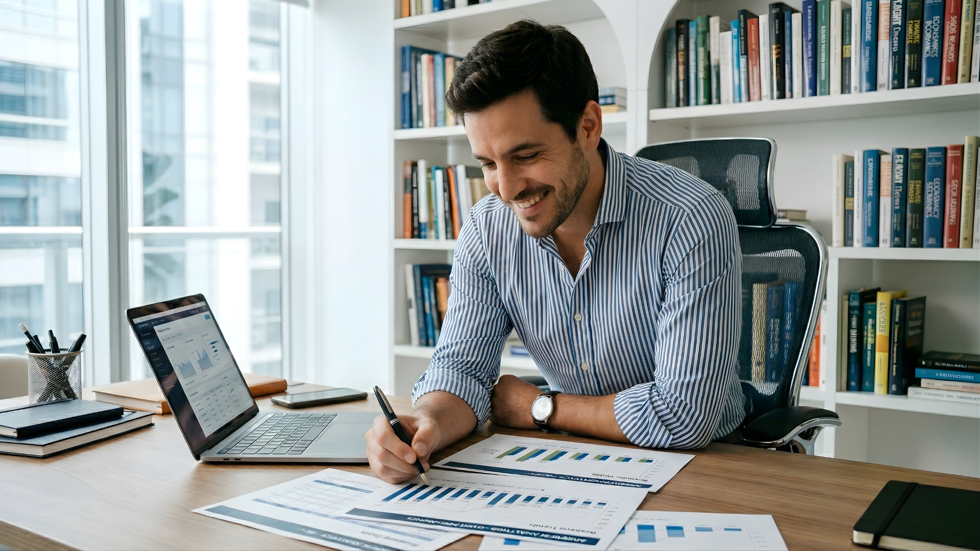 financial analyst in argentina writing on a graph on a table
