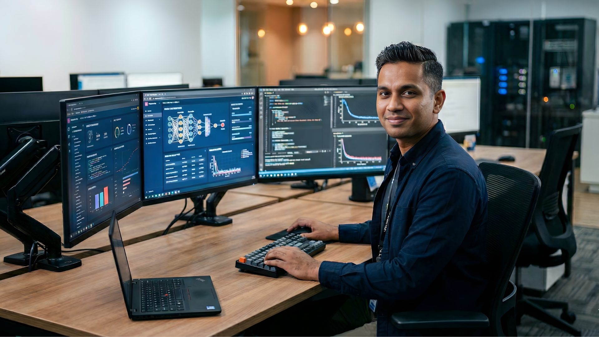malaysian male ai research specialist sitting in a it room showing the triple monitor setup with ai display