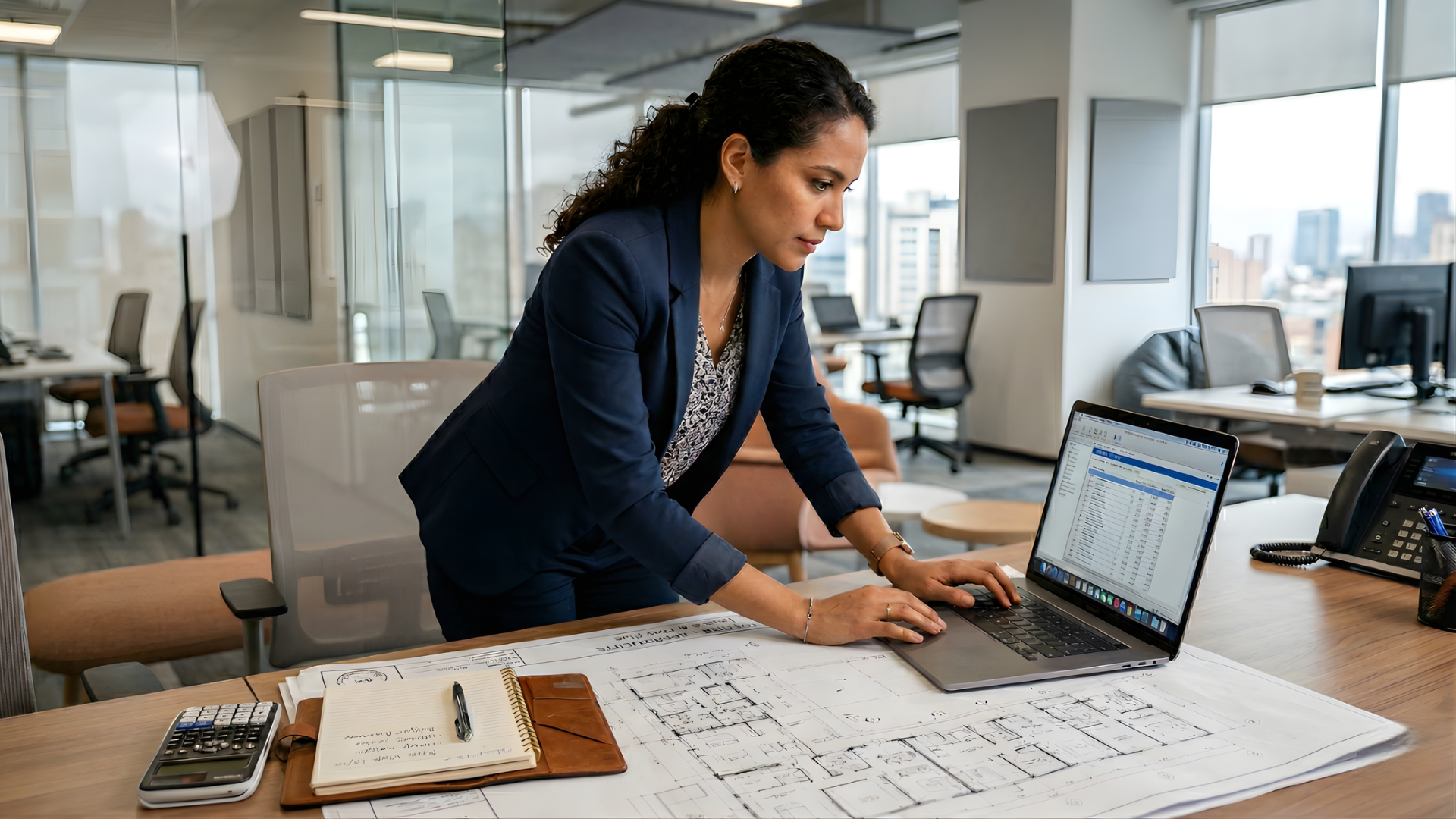 colombian woman standing while working on a desk with laptop and a blueprint