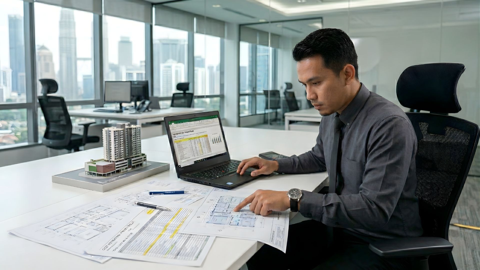 outsourced malaysian construction quantity surveyor analyzing the blueprint on the desk with a laptop