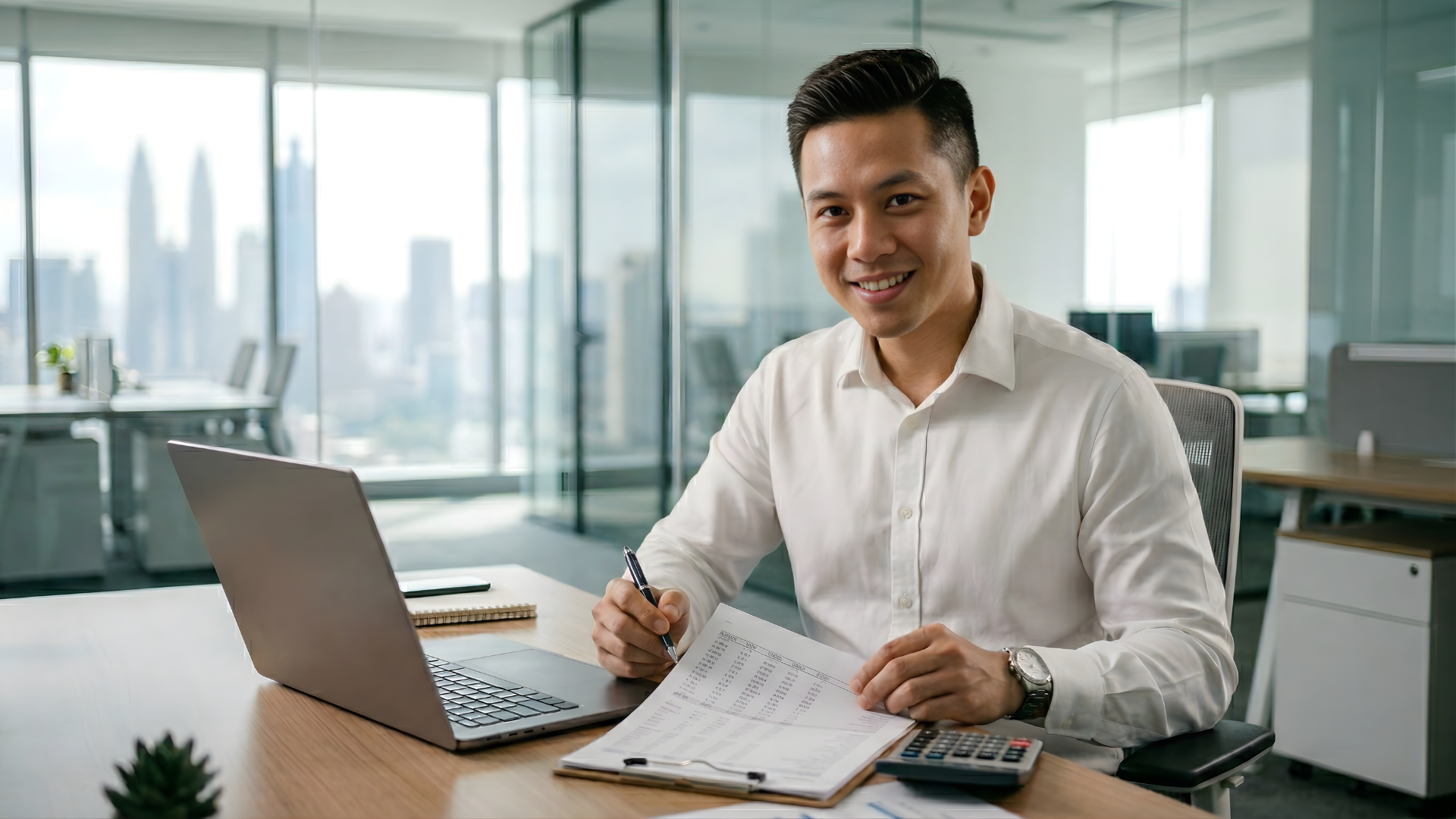 malaysian male remote tax accountant reviewing tax figure on clipboard on the desk