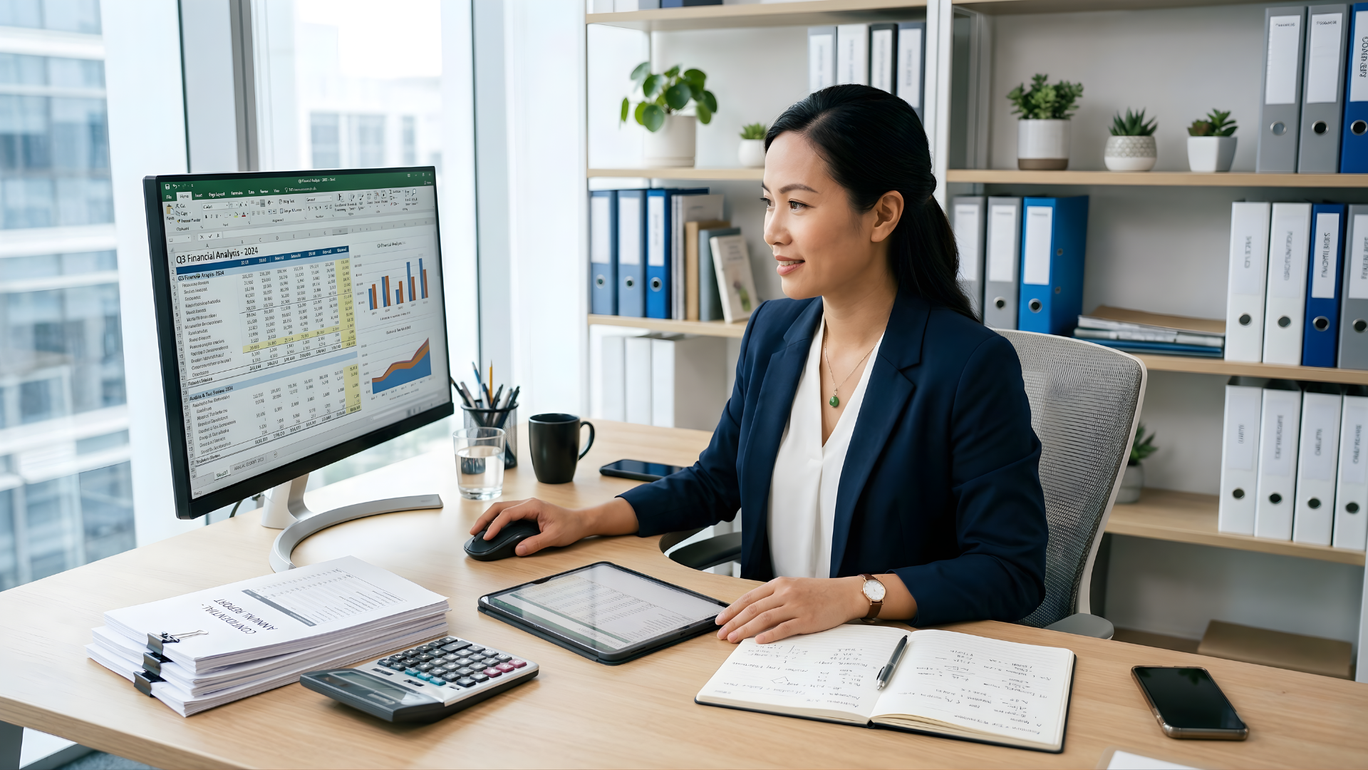 vietnamese tax accountant in a office showing on the monitor is a spreadsheet