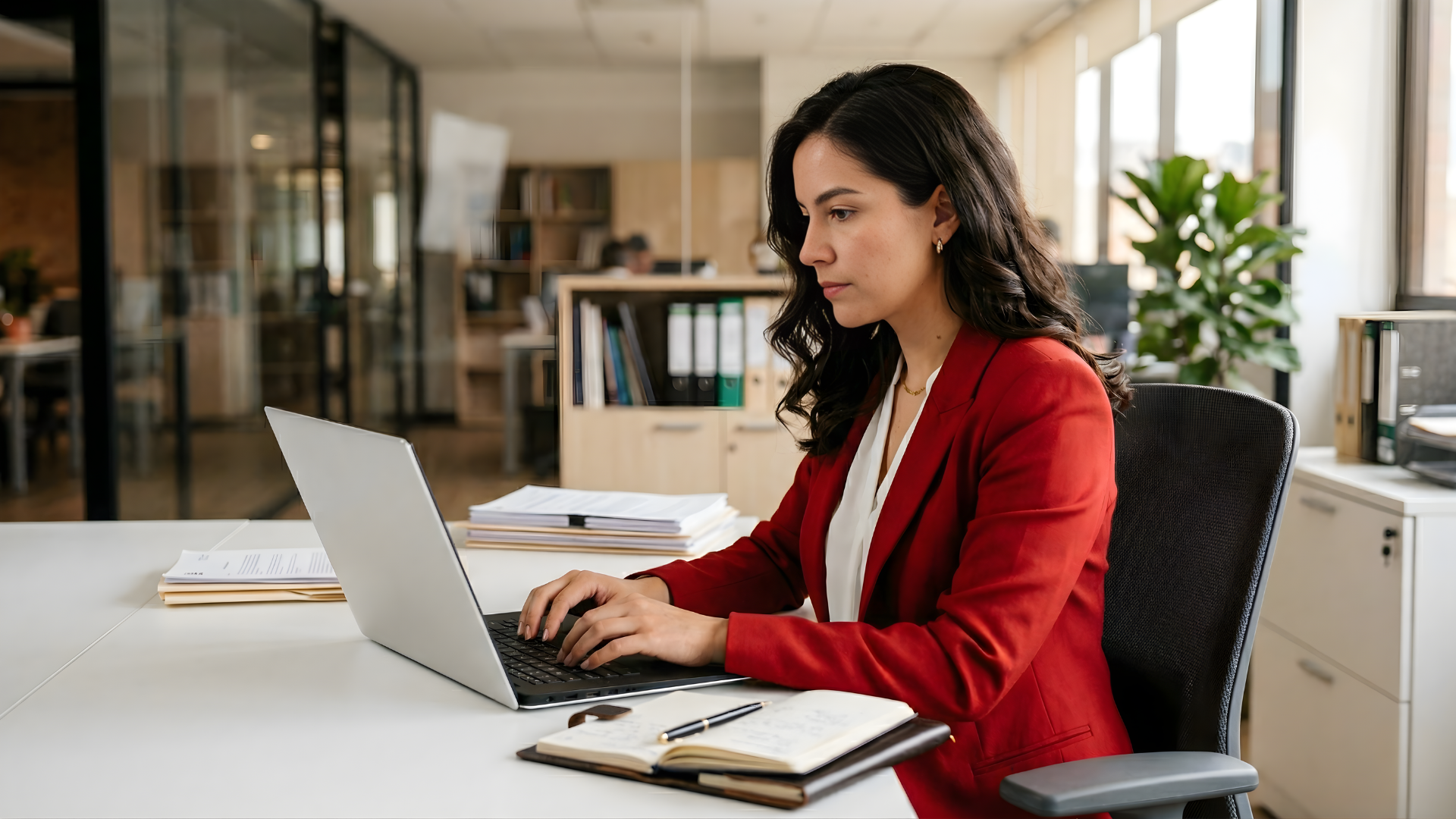 colombian woman an offshore compliance officer actively working on a laptop in a office setup
