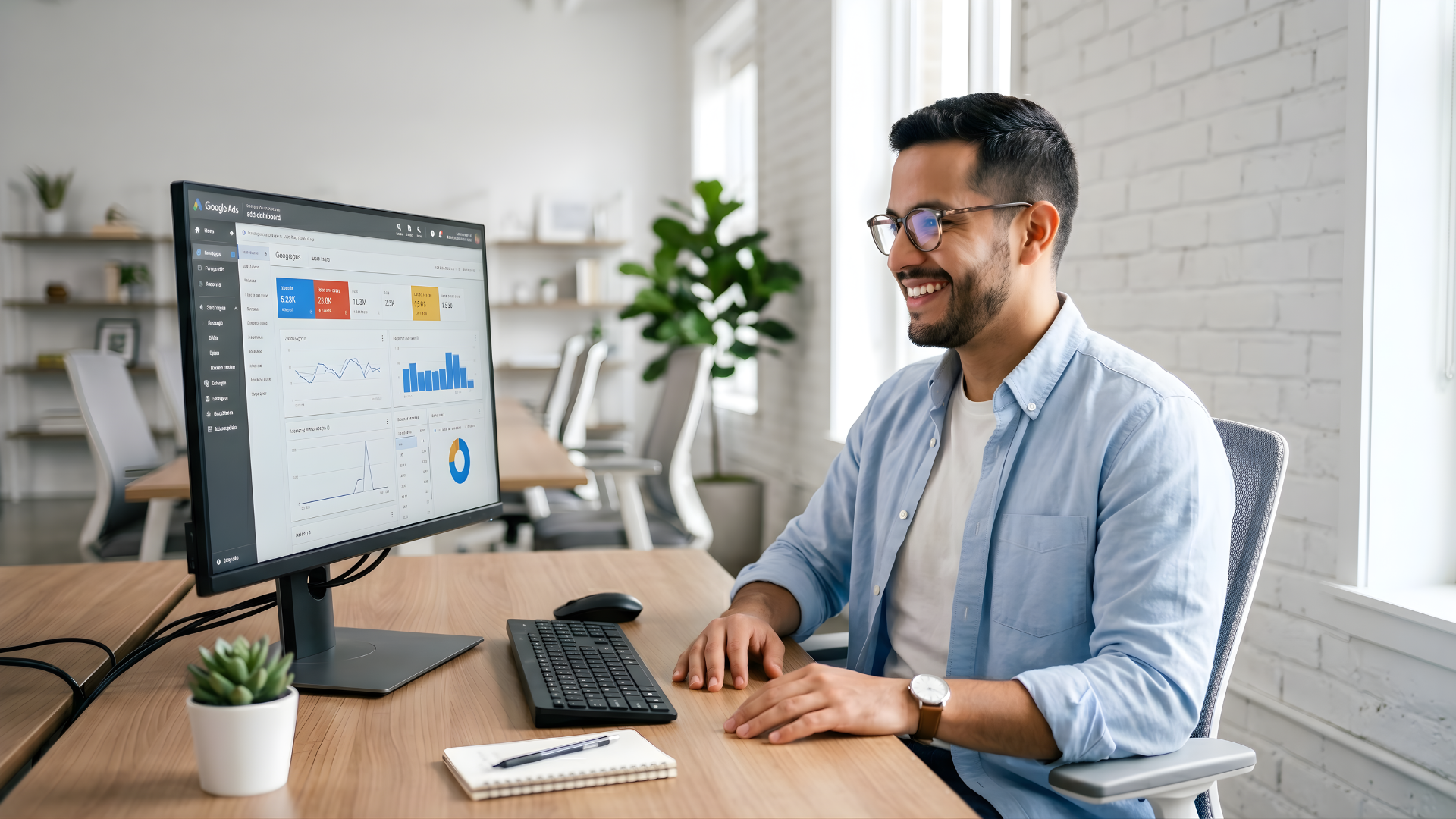 colombian paid ads specialist working in a office showing in a monitor is google ads dashboard