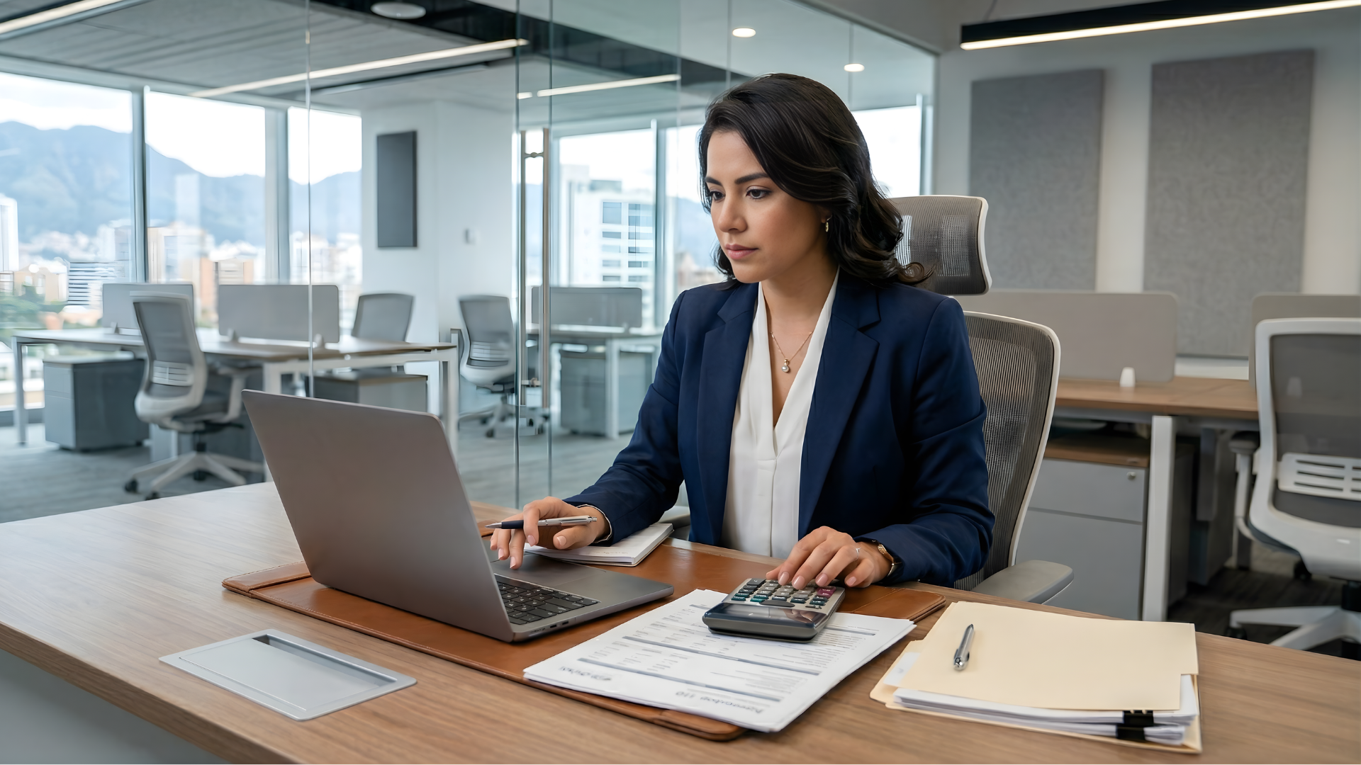 offshore tax accountant in colombia actively working with a laptop and calculator