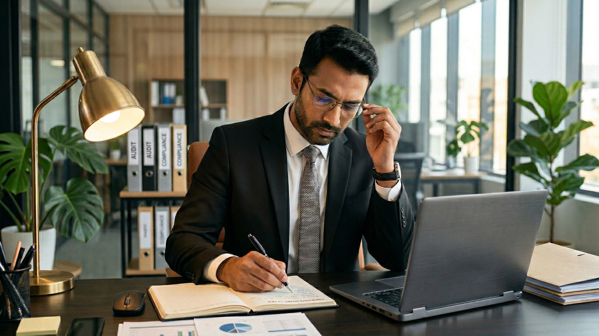 offshore tax account writing in a notebook with a laptop on the desk