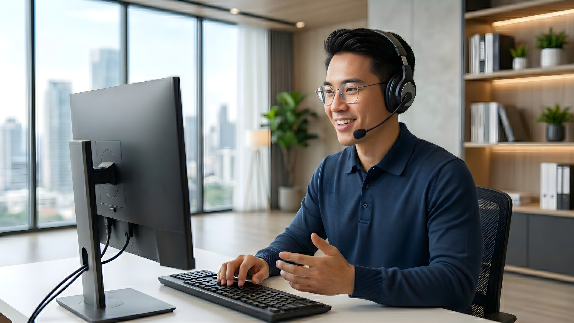 outsourced remote technical support specialist in vietnam assisting client's call in an open bright office