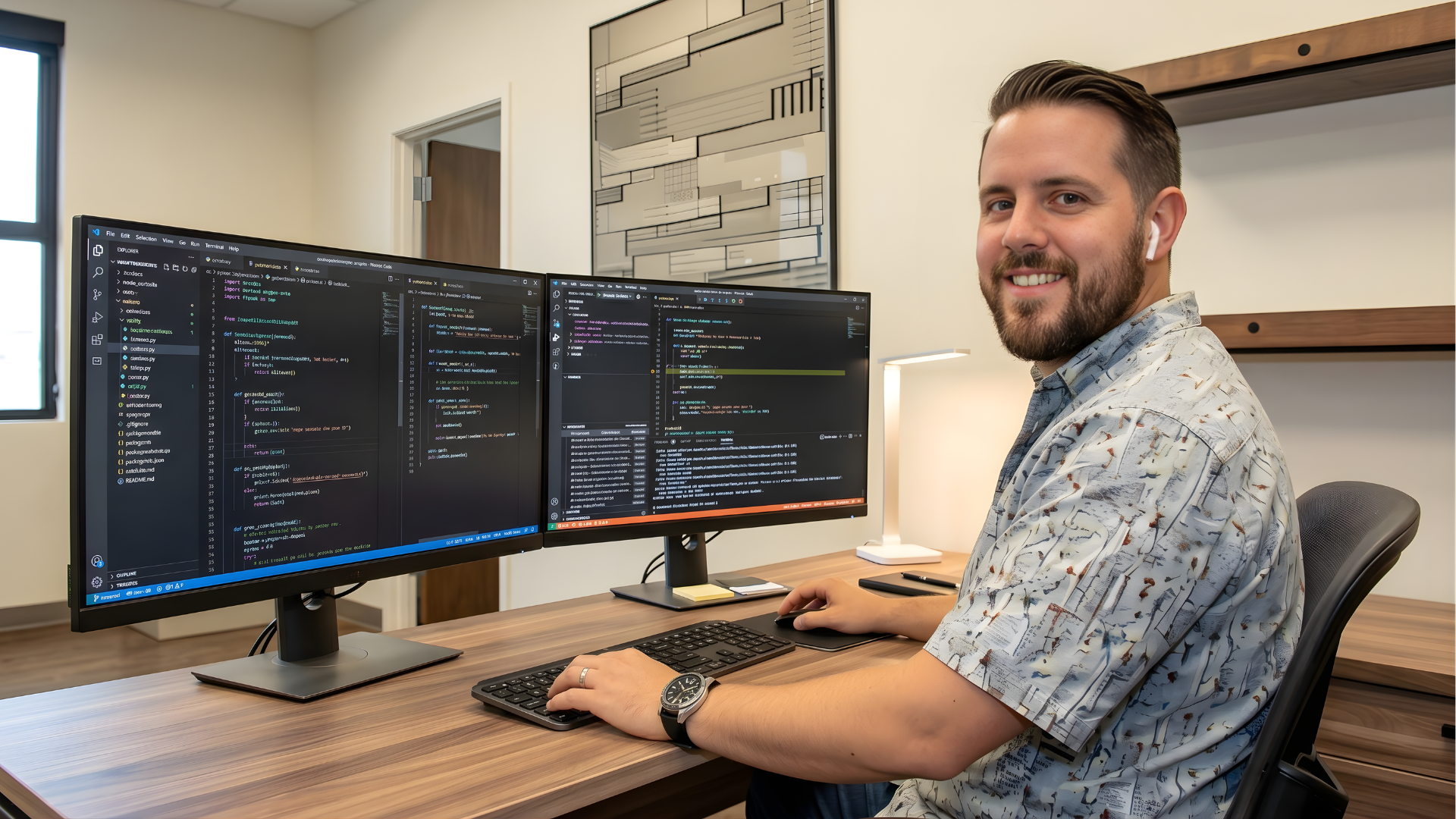 remote fullstack developer in argentina working in a bright office with laptop and monitor showing programming software