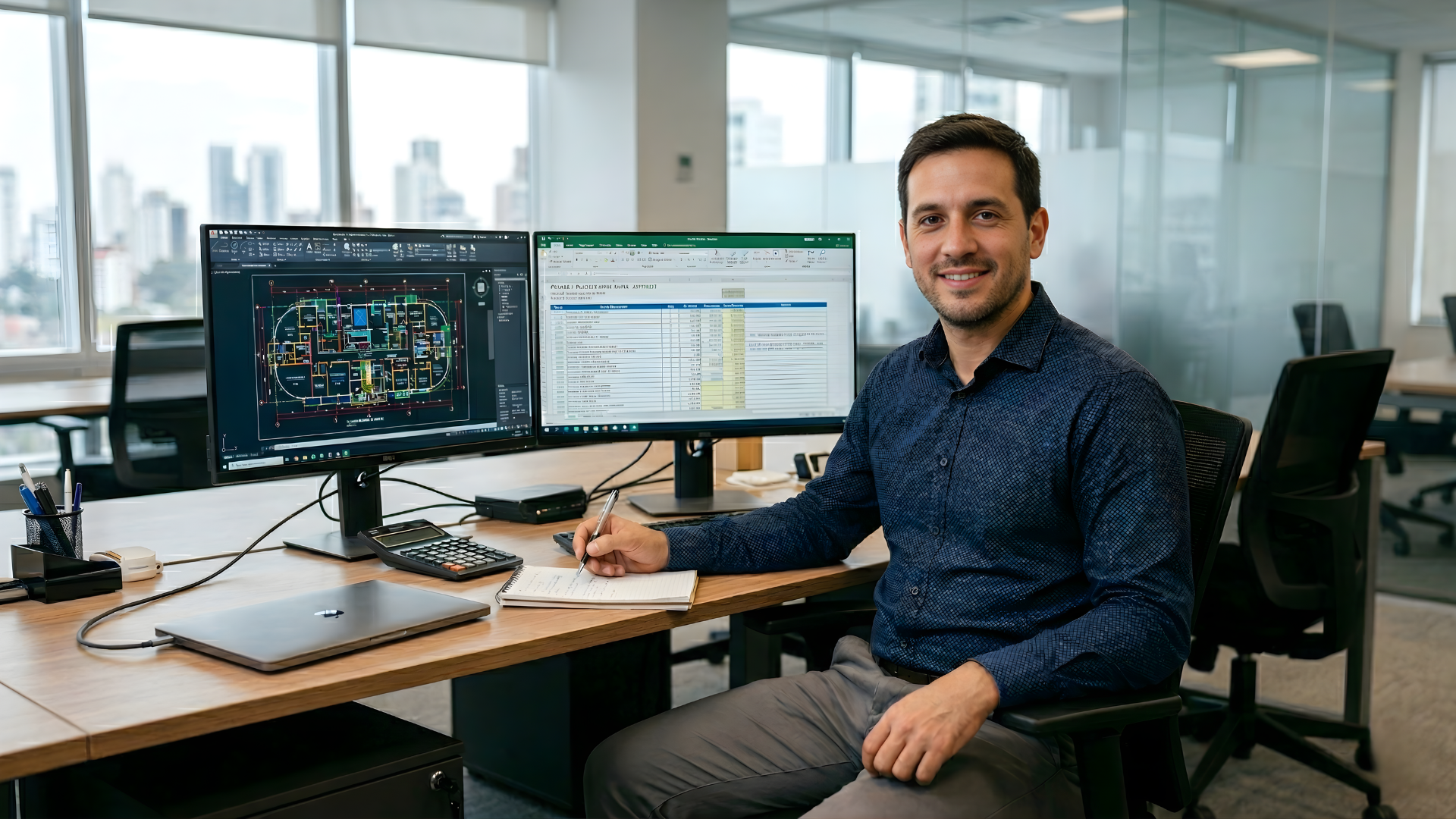 best quantity surveyor showcasing a spreadsheet and cad design on a dual monitor setup in the office