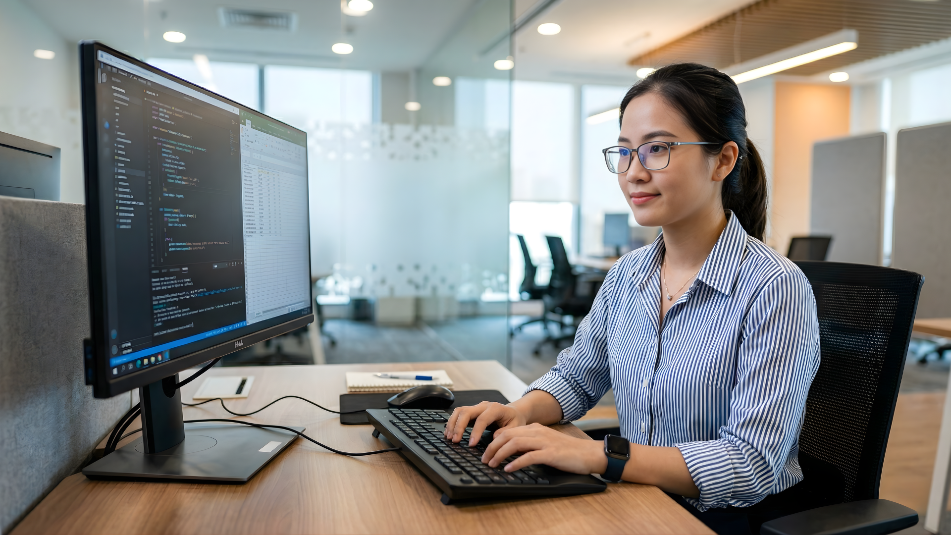outsourced remote salesforce administrator in vietnam typing on a keyboard and on a monitor showing the programming language