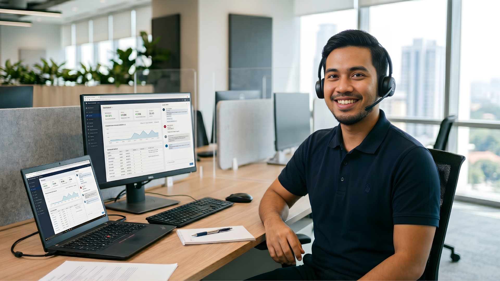 malaysian male a remote technical support specialist with dual monitor setup in a corporate office showing a crm
