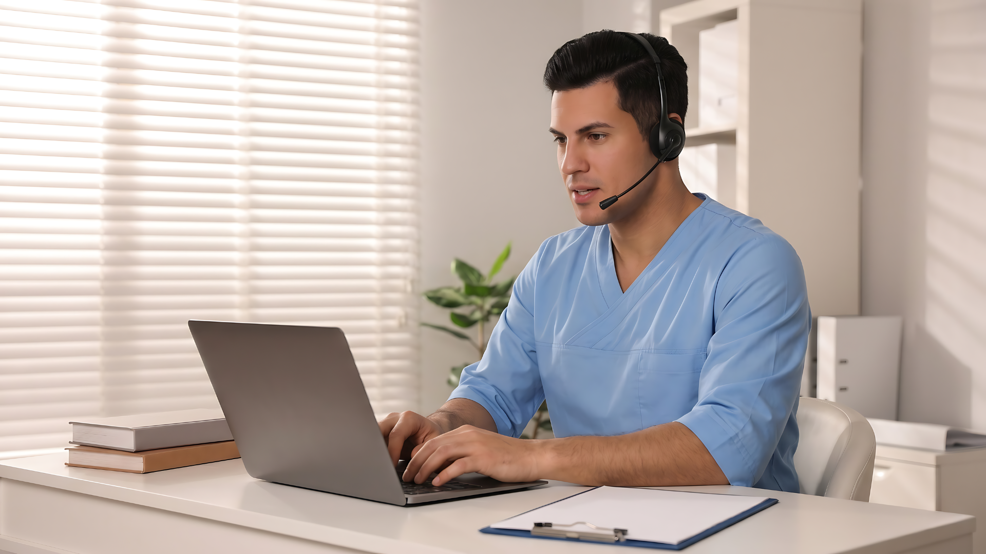 male medical scheduling coordinator typing patient schedule on a laptop