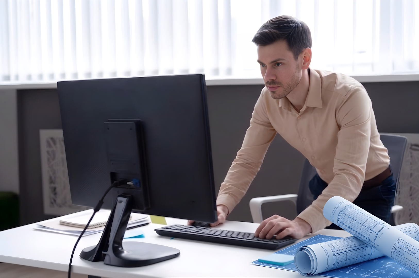 Offshore civil engineer from argentina reviewing floor plans at office desk