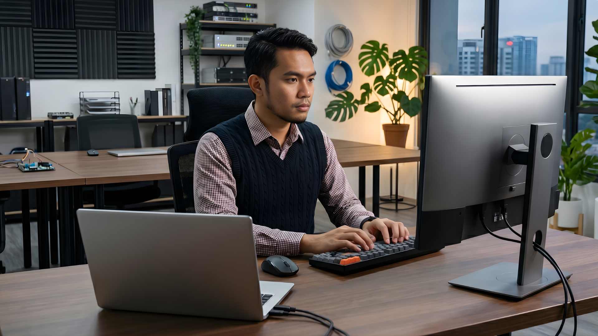 outsourced offshore programmer in malaysia coding in a dual monitor setup