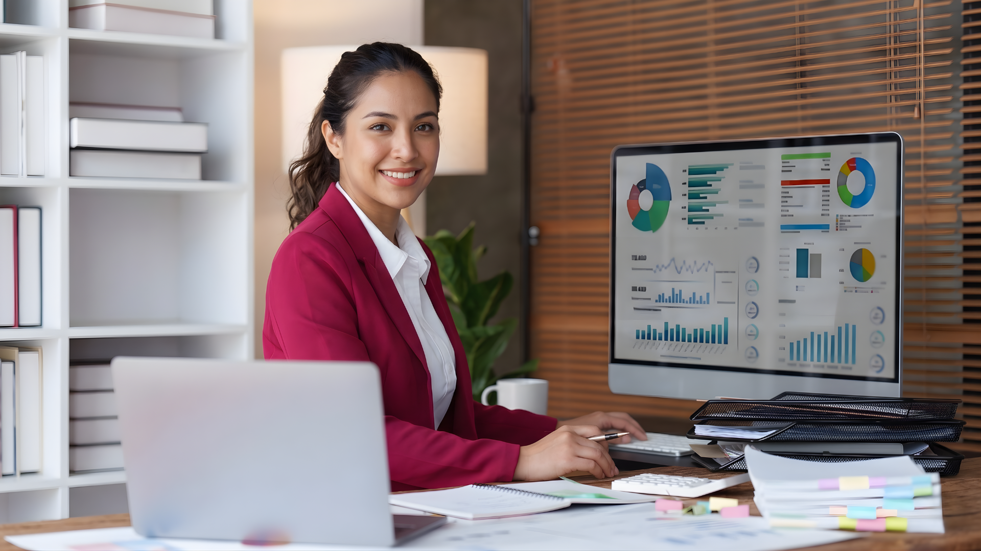 latina commercial analyst showcasing in a monitor the graphs and data